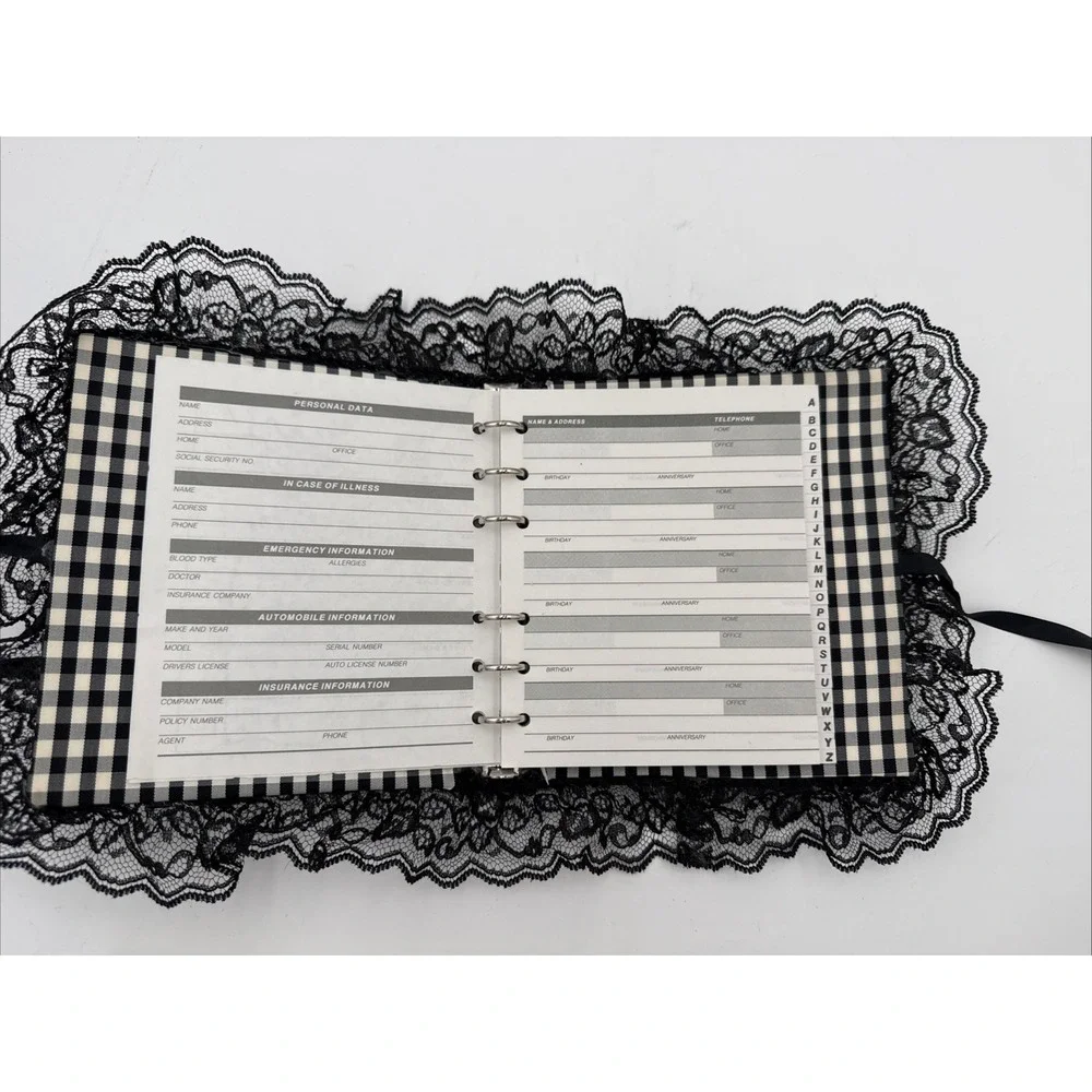 Vintage 1990s Black White Gingham Lace Address Book Cameo Victorian Gothic NOS‎